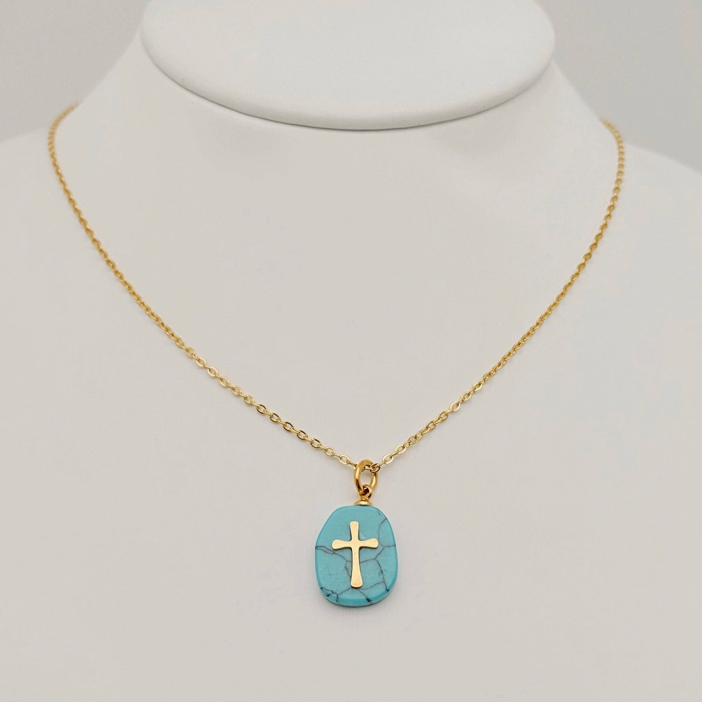 Natural Stone Stainless Steel Cross Pendant Necklace - CS