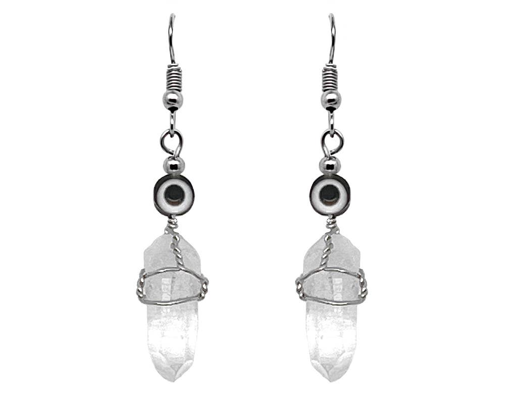 Evil Eye Bead Wire Wrapped Quartz Crystal Dangle Earrings