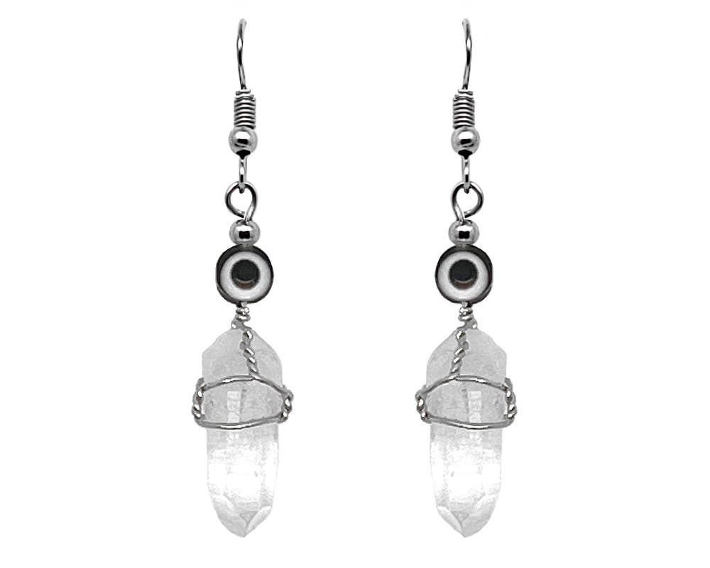 Evil Eye Bead Wire Wrapped Quartz Crystal Dangle Earrings