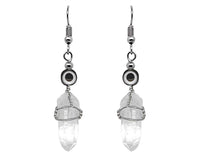 Evil Eye Bead Wire Wrapped Quartz Crystal Dangle Earrings