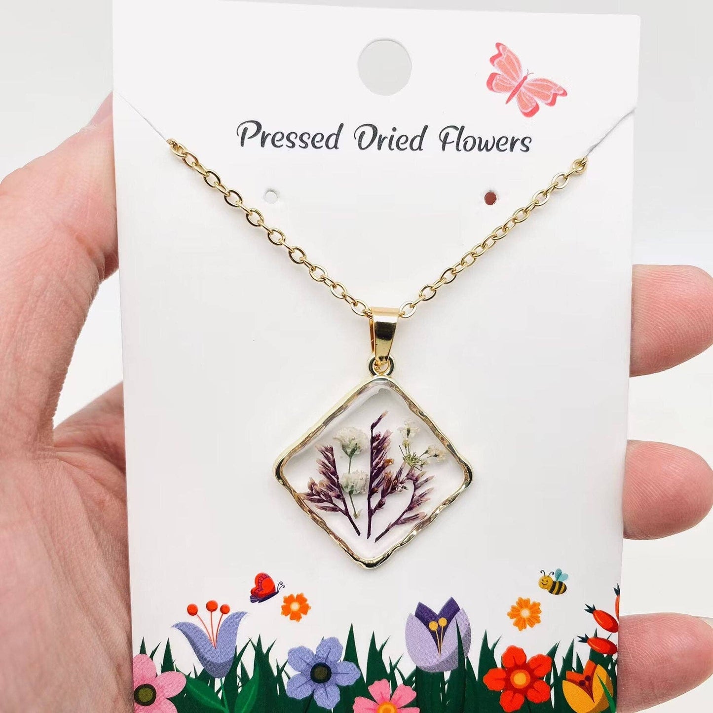 Floral Square Pendant Pressed Dried Flowers Necklace - PDF
