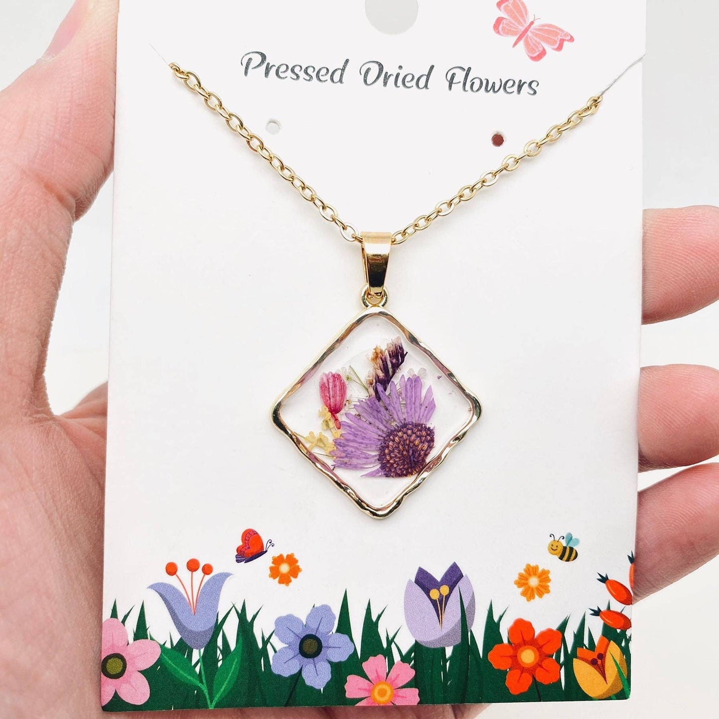 Floral Square Pendant Pressed Dried Flowers Necklace - PDF