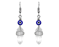 Evil Eye Bead Wire Wrapped Quartz Crystal Dangle Earrings