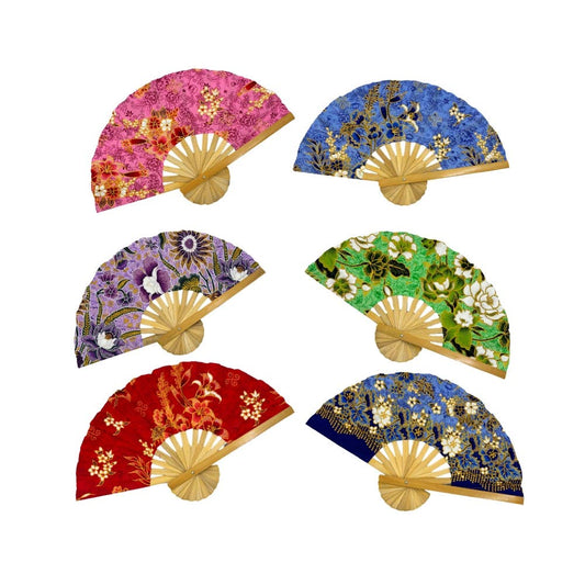 Floral Fabric Wooden Folding Fan - Assorted