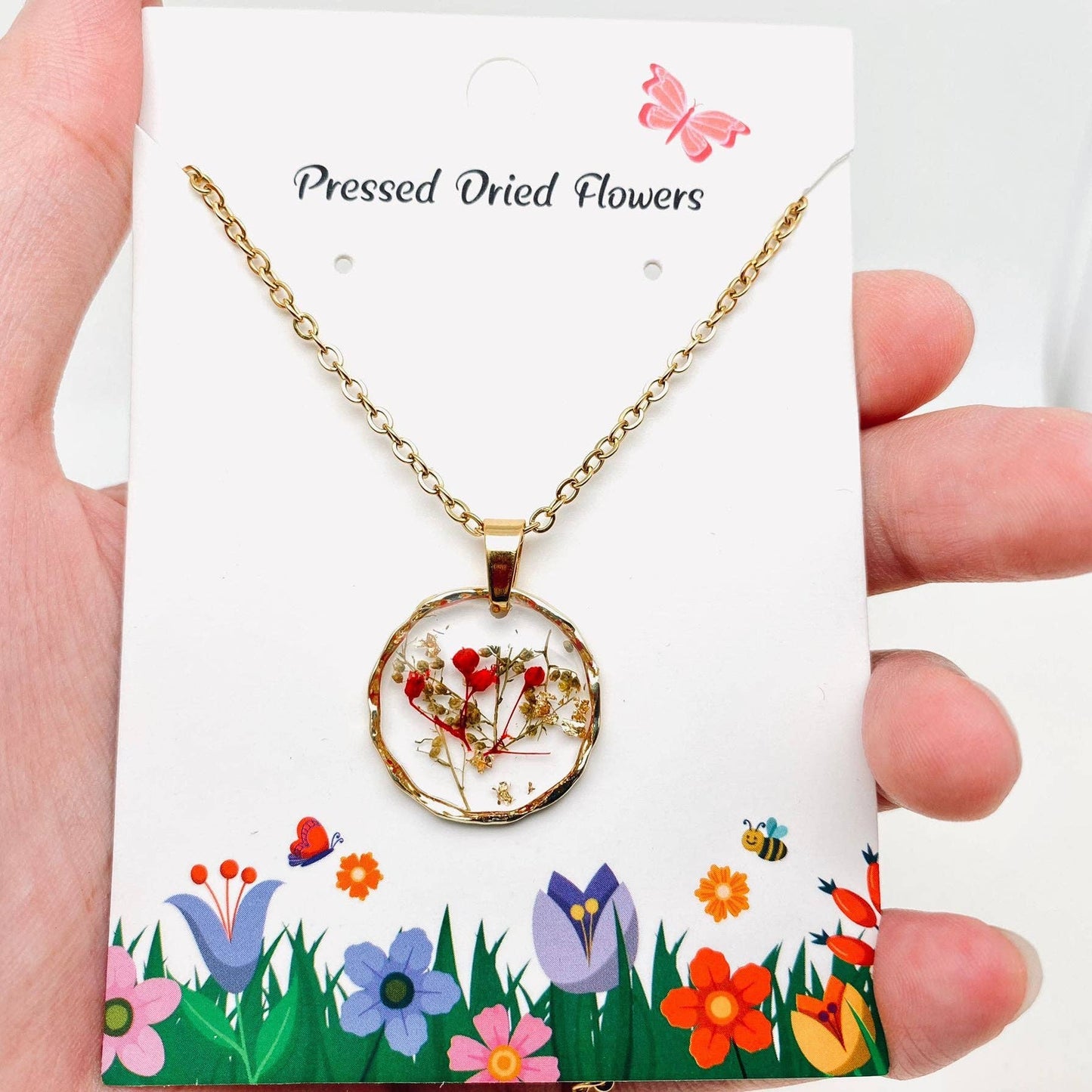 Dried Flowers Floral Irregular Round Pendant Necklace - PDF