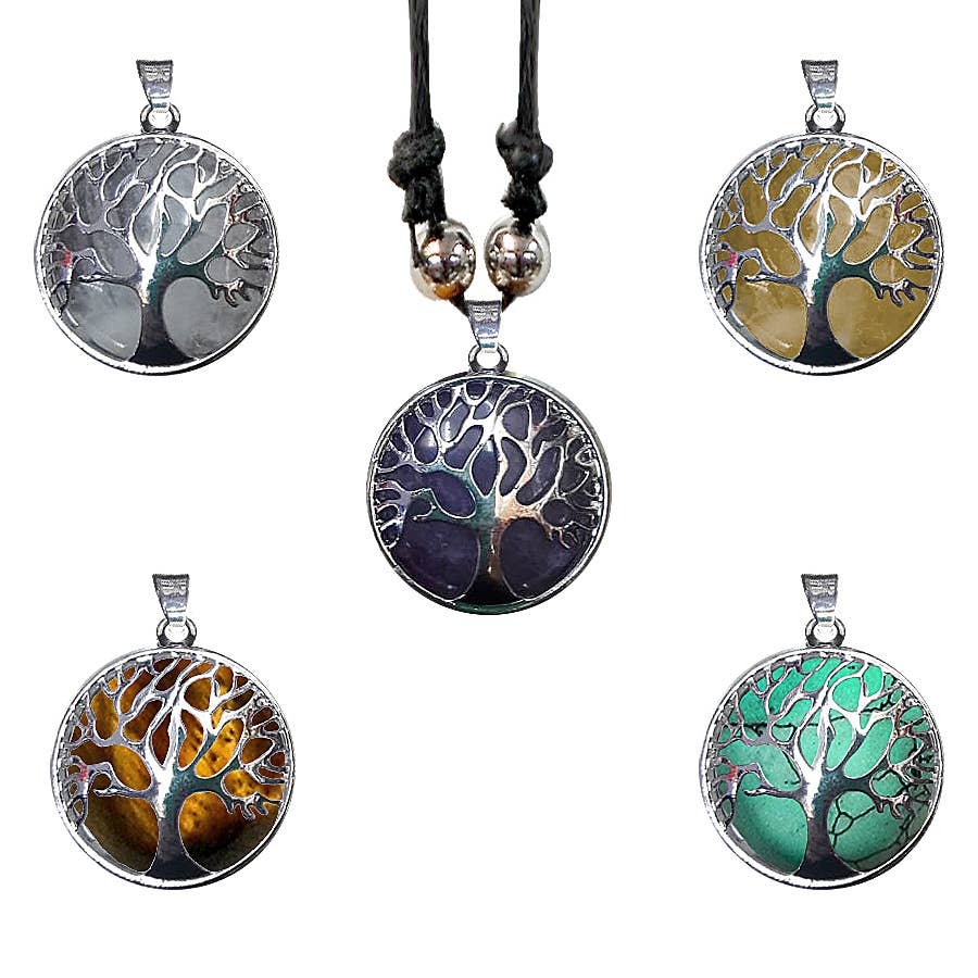 Round Metal Tree of Life Stone Pendant Adjustable Necklace