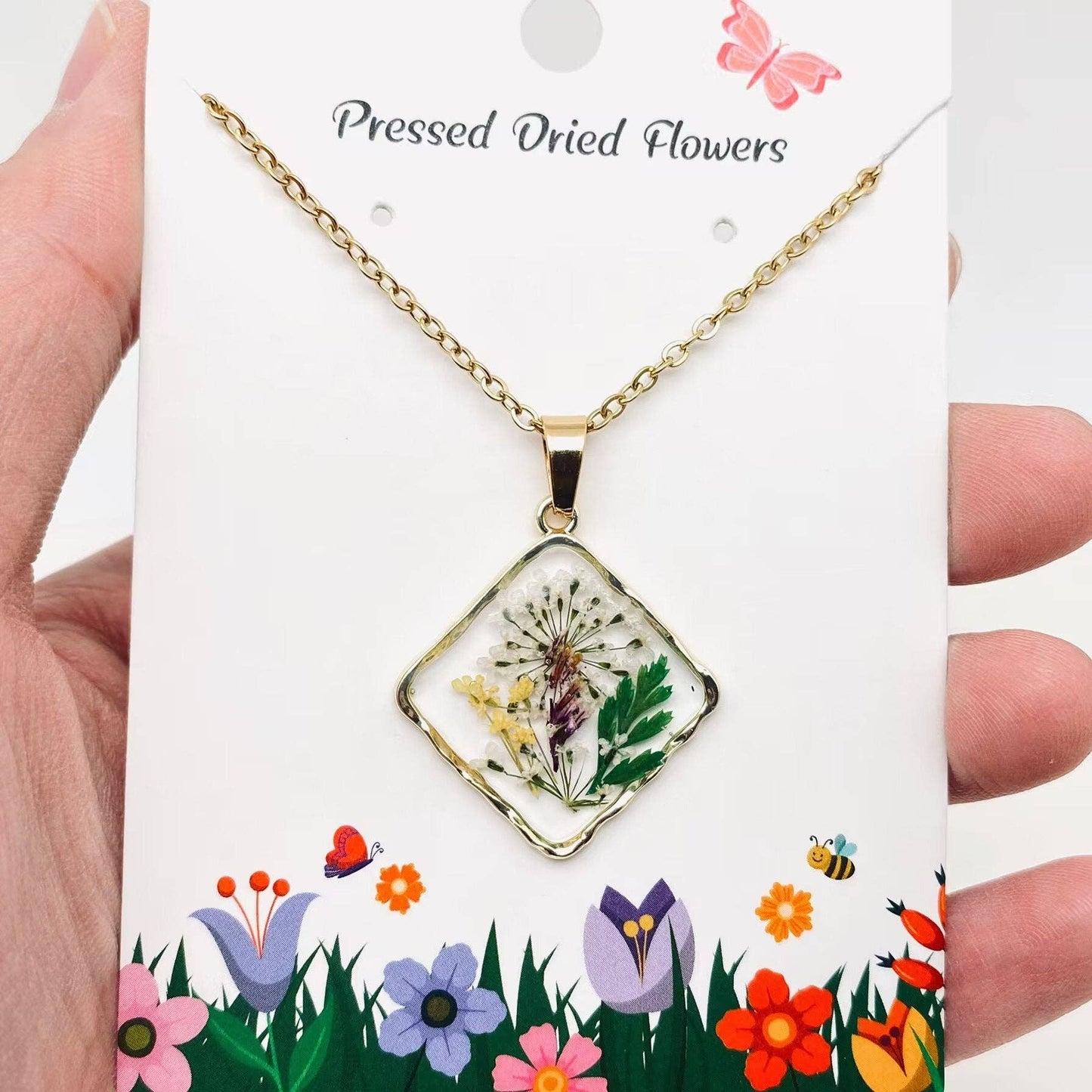 Floral Square Pendant Pressed Dried Flowers Necklace - PDF