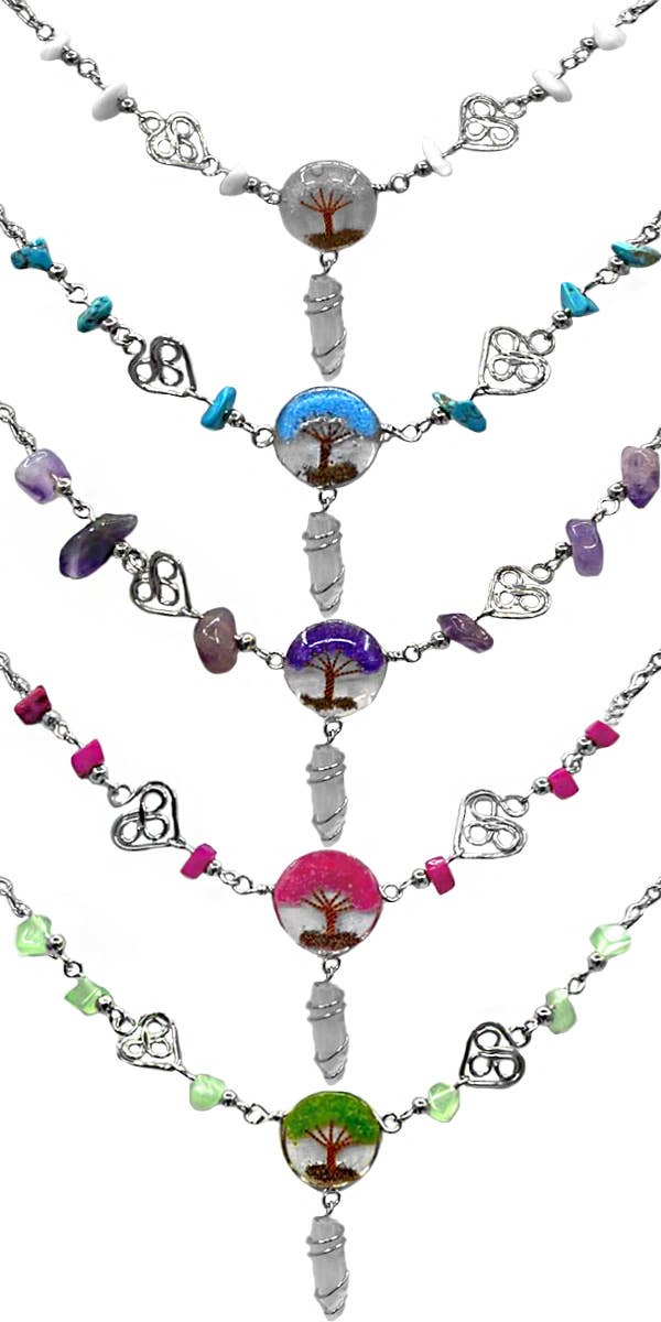 Acrylic Tree of Life Crystal Point Chip Stone Metal Anklet