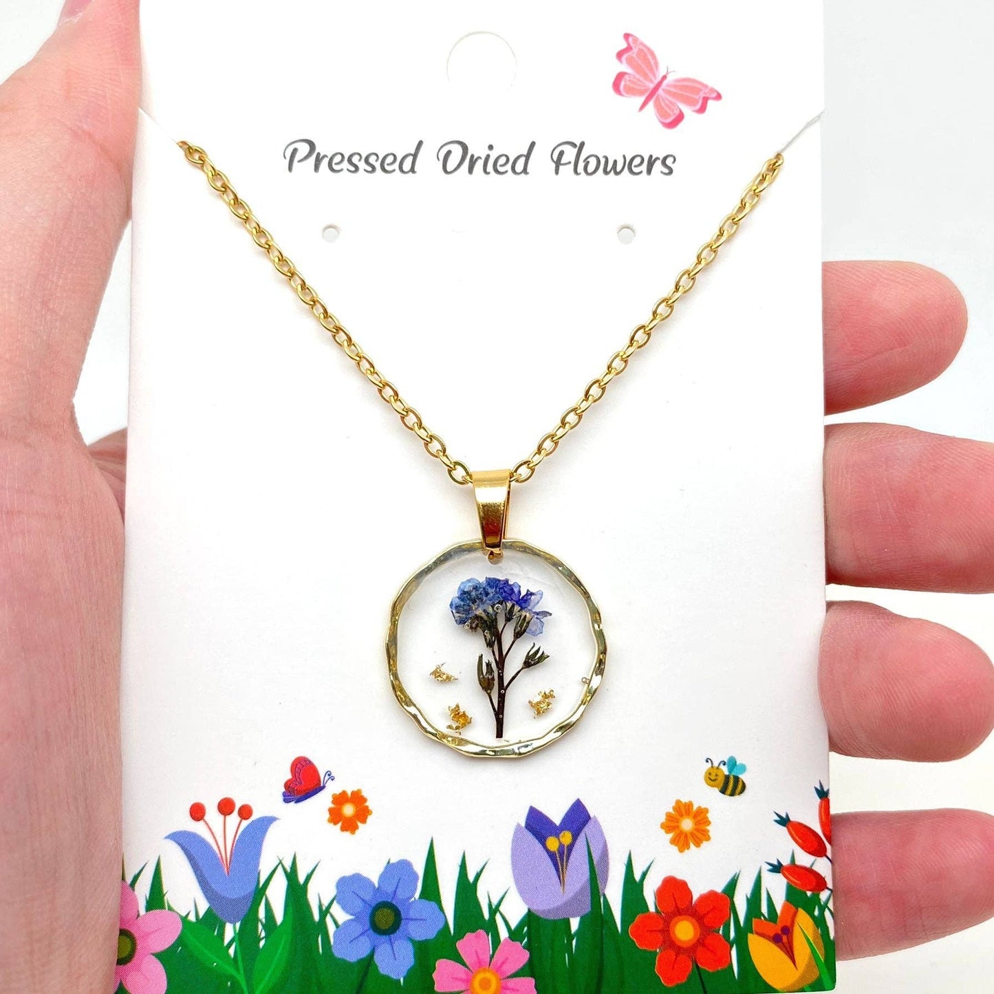 Dried Flowers Floral Irregular Round Pendant Necklace - PDF