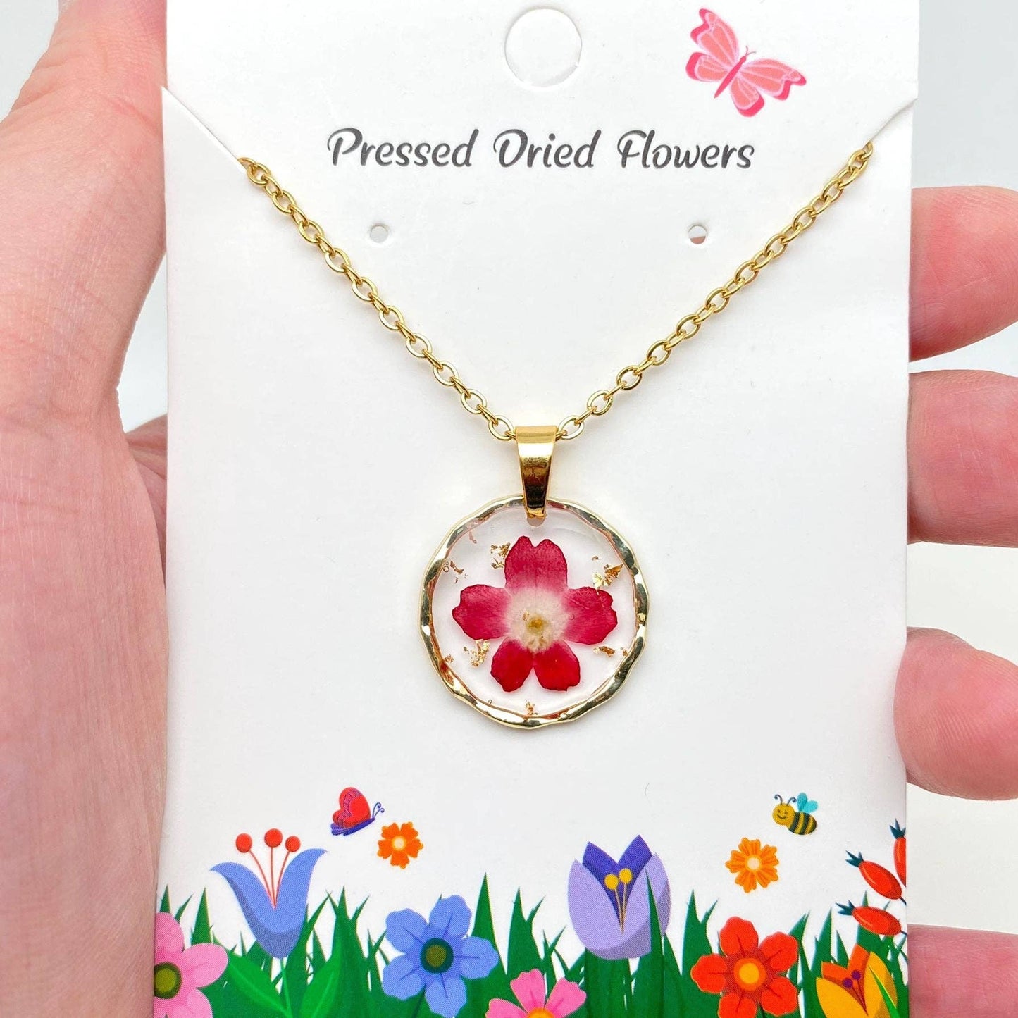Dried Flowers Floral Irregular Round Pendant Necklace - PDF