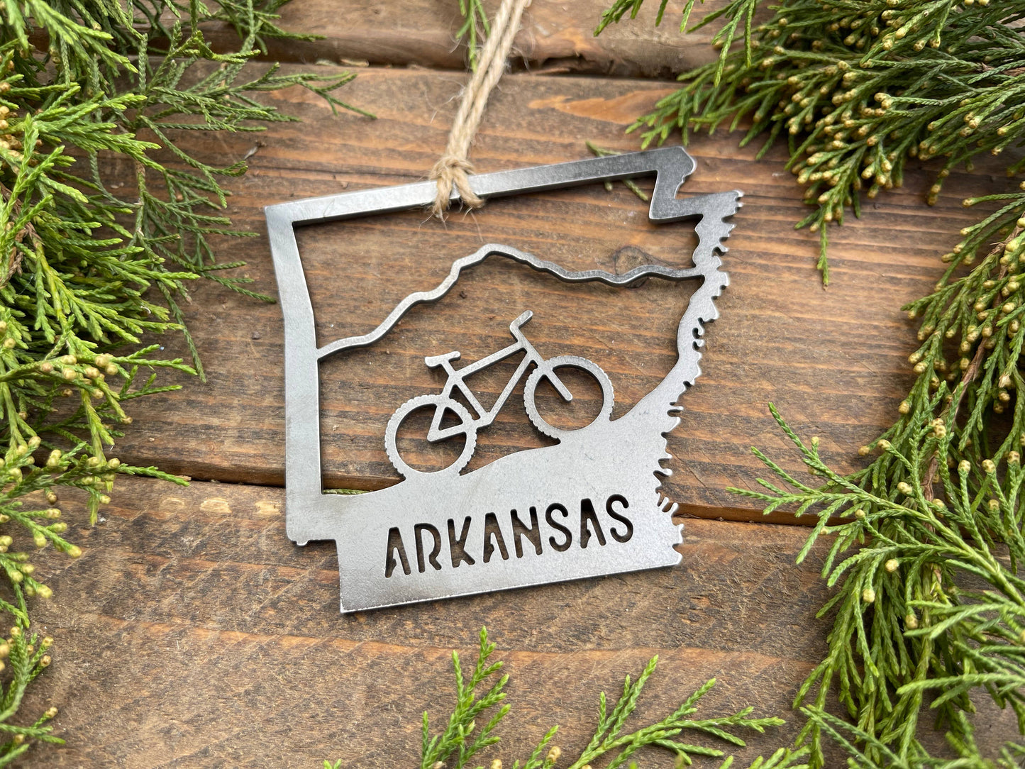 Arkansas State Mountain Bike Ornament made from Raw Steel