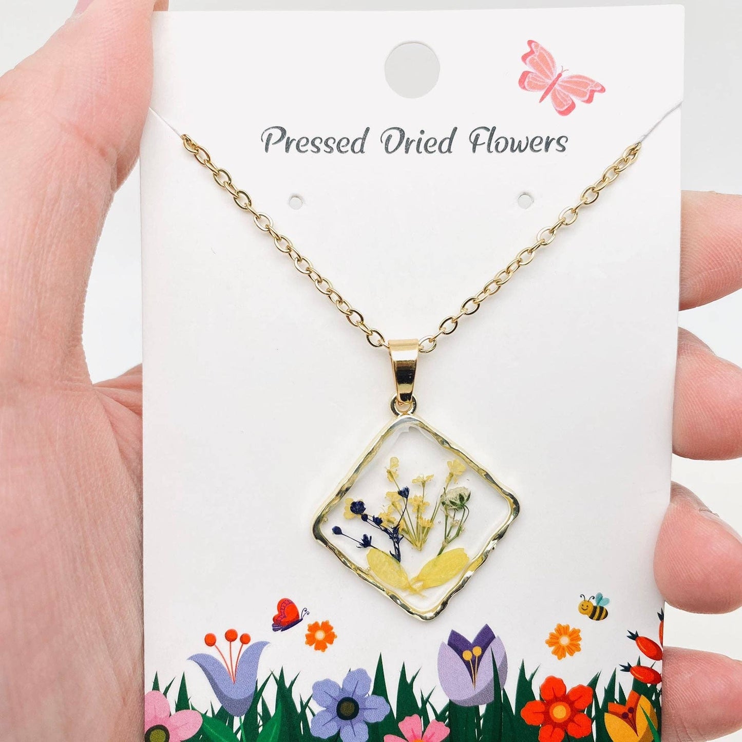 Floral Square Pendant Pressed Dried Flowers Necklace - PDF