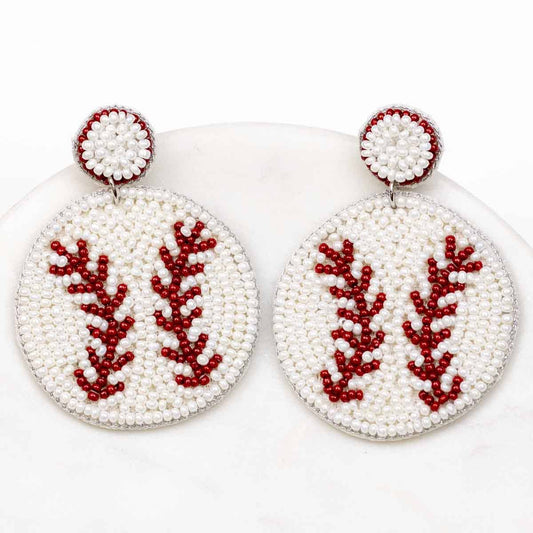 Baseball Beaded Earrings   White/Red   2.5"
