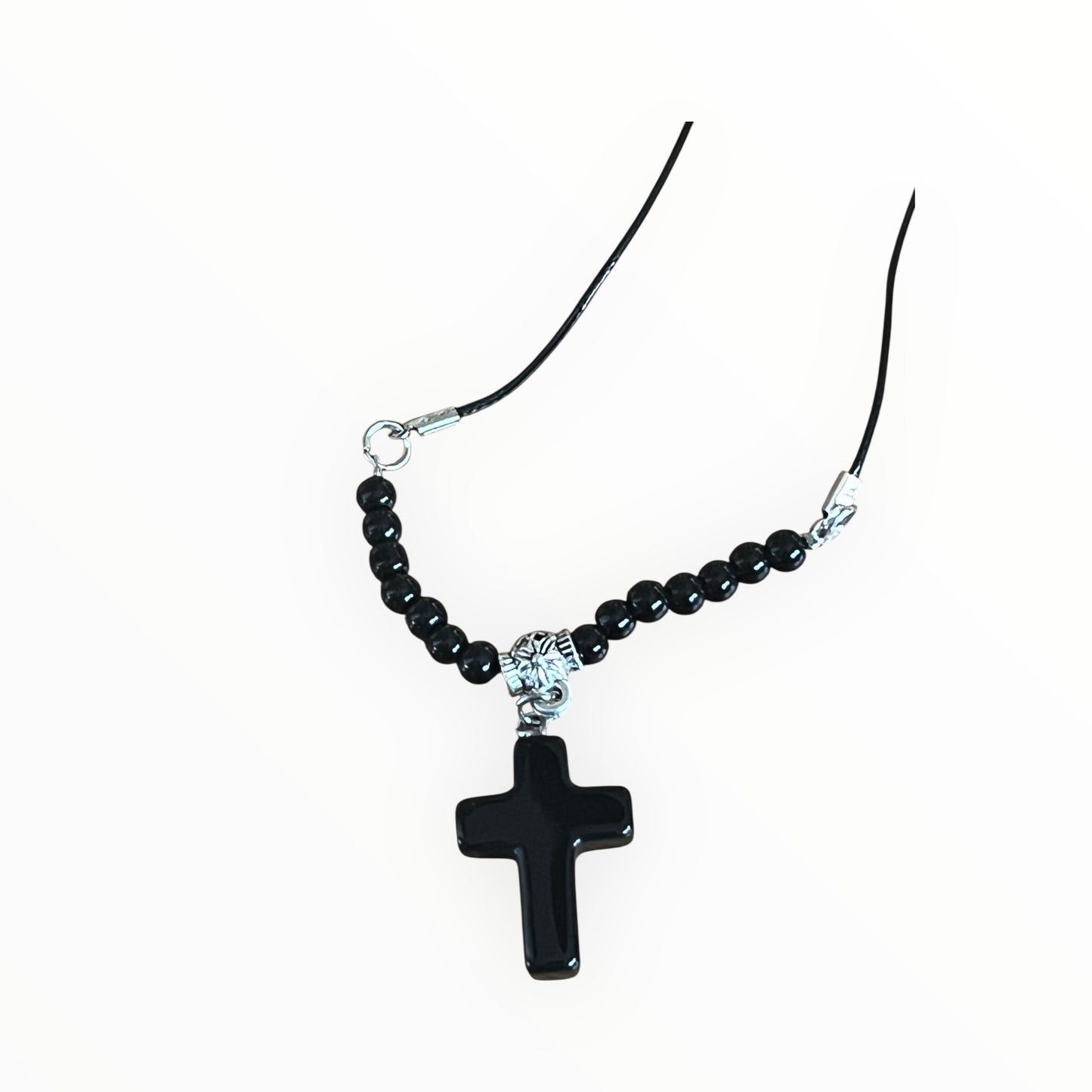 Gemstone Cross Necklace | Natural Stone on Black Cord
