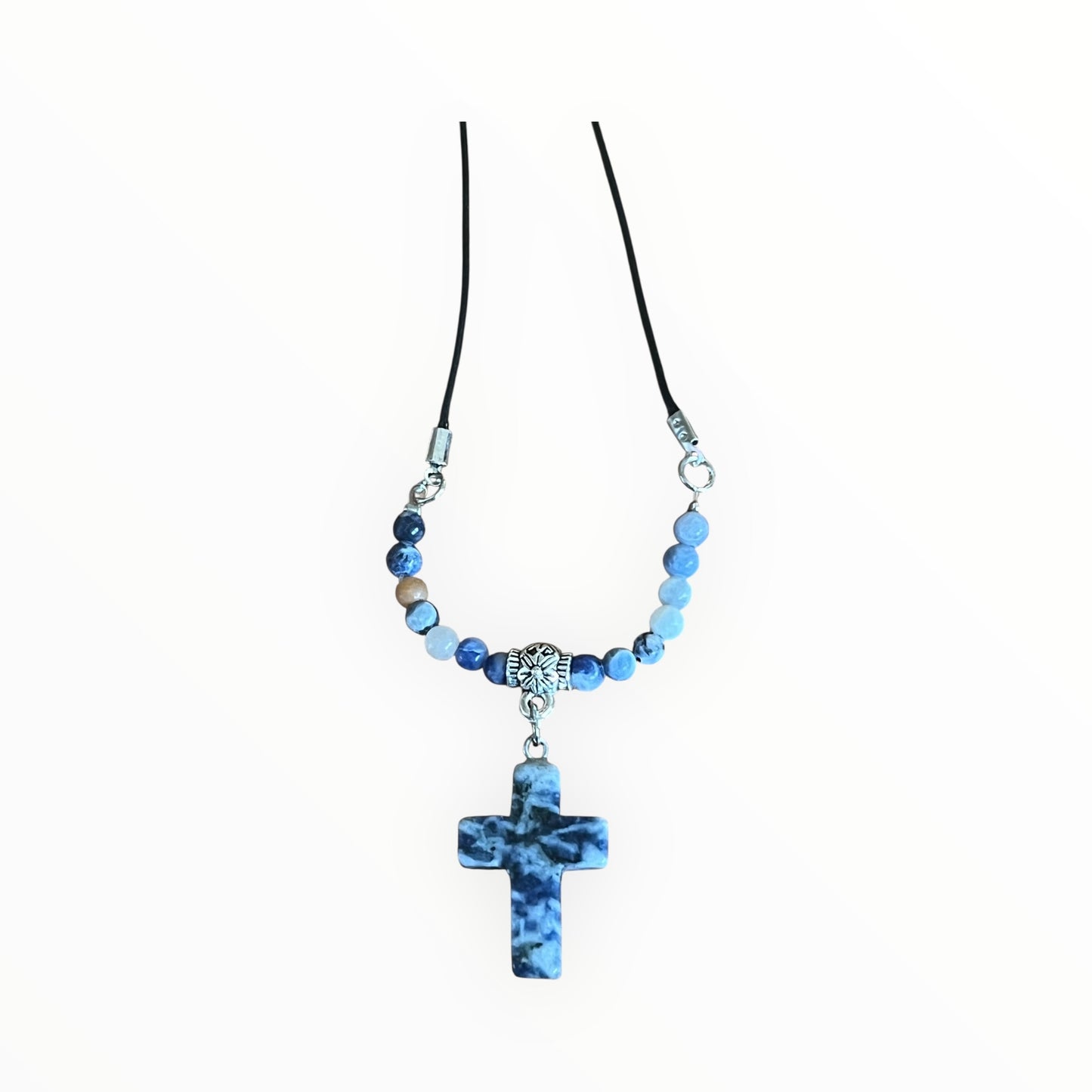Gemstone Cross Necklace | Natural Stone on Black Cord