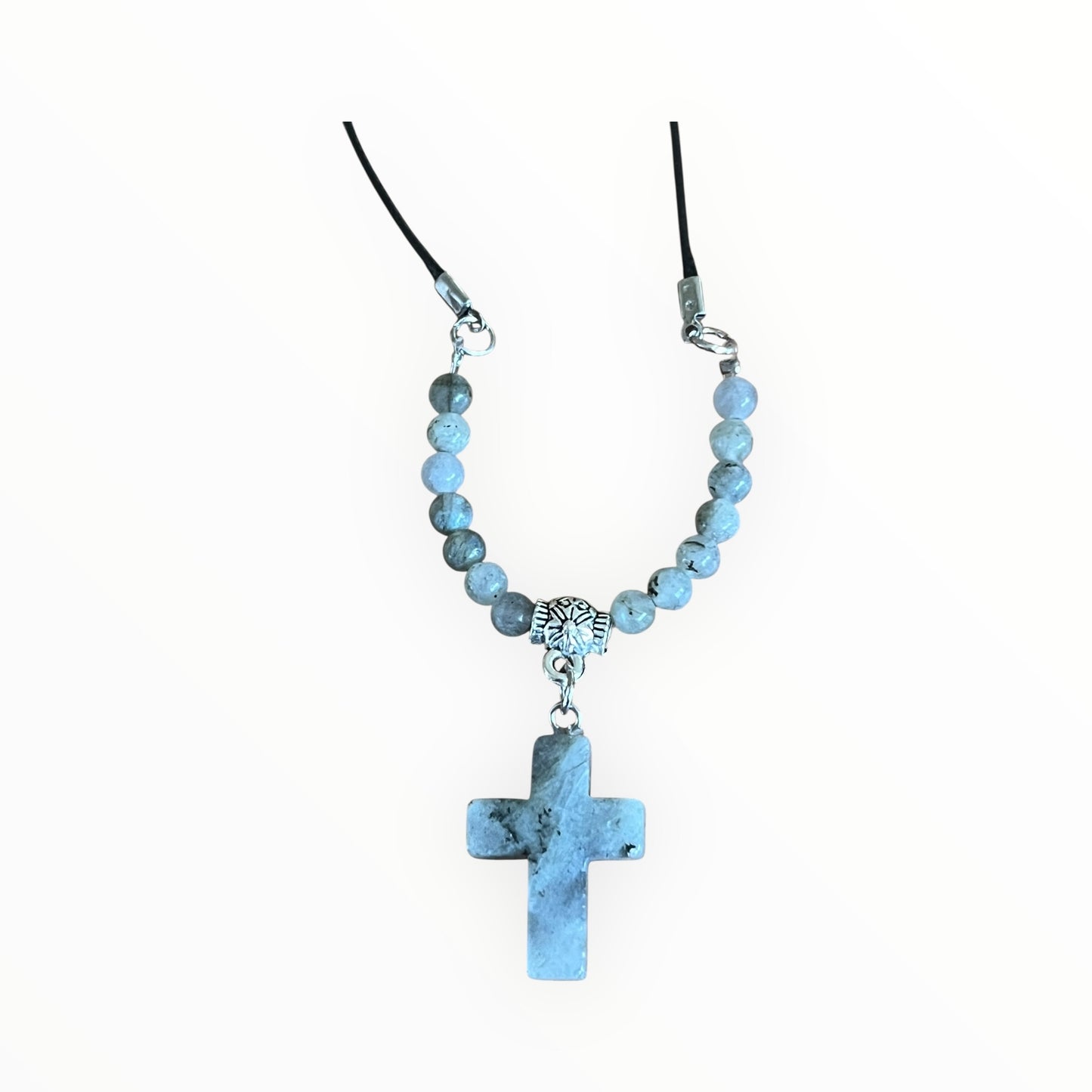 Gemstone Cross Necklace | Natural Stone on Black Cord