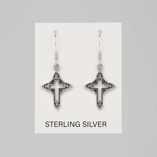 Sterling Silver Open Lattice Cross Earrings