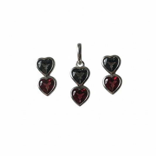 Double Heart Garnet Jewelry Set | Sterling Silver Pendant & Earrings