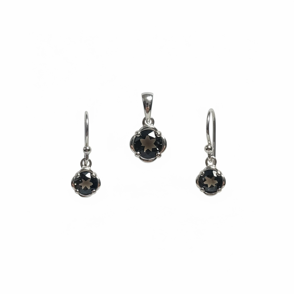 Faceted Smoky Quartz Jewelry Set | Sterling Silver Pendant & Earrings