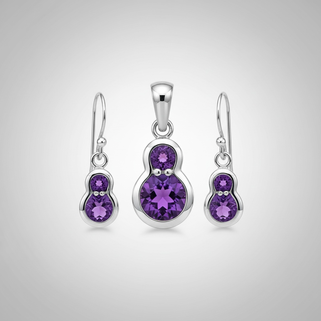 Pink Tourmaline & Amethyst Jewelry Set | Sterling Silver Pendant & Earrings