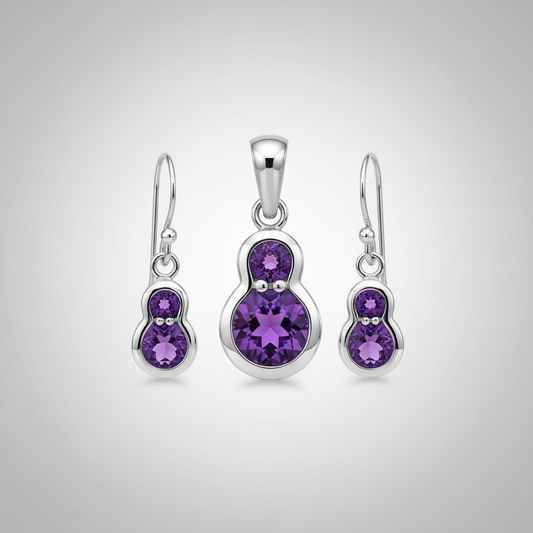 Pink Tourmaline & Amethyst Jewelry Set | Sterling Silver Pendant & Earrings