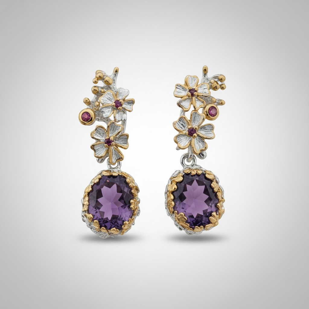 Botanical Amethyst Statement Earrings | Sterling Silver with Rhodium & Yellow Gold Accents