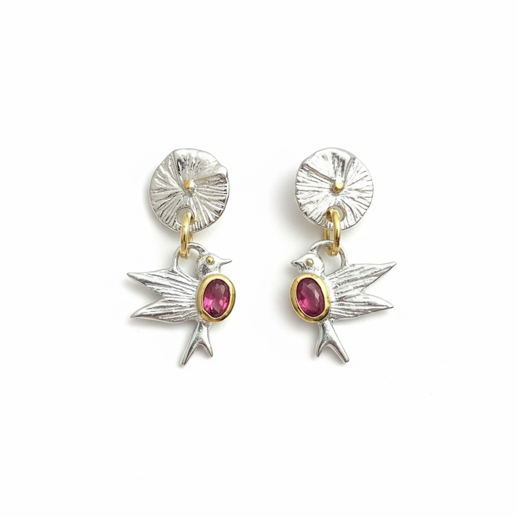 Ruby Songbird Earrings | Sterling Silver with Rhodium & Yellow Gold Accents