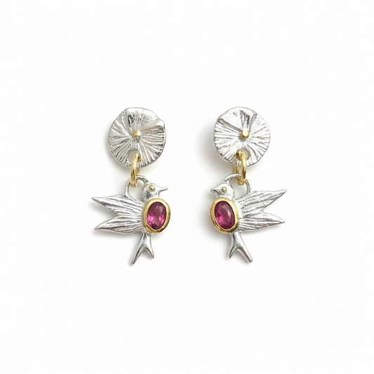 Ruby Songbird Earrings | Sterling Silver with Rhodium & Yellow Gold Accents