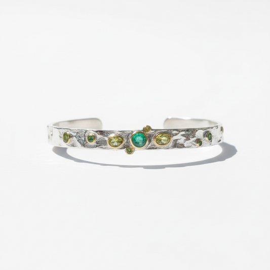 Emerald & Peridot Designer Bangle | Sterling Silver with Rhodium & Yellow Gold Accents