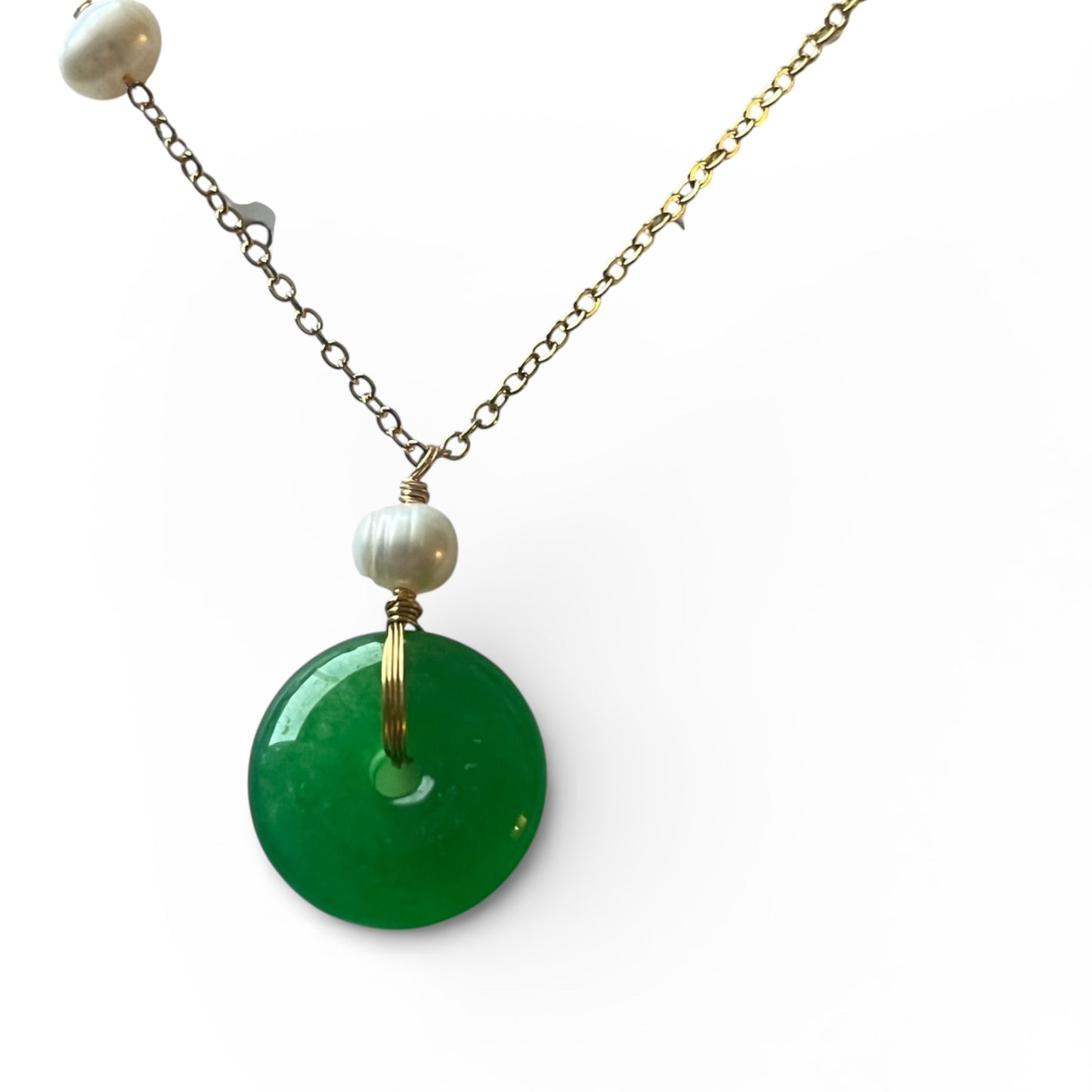 Jade Donut & Pearl Pendant Necklace