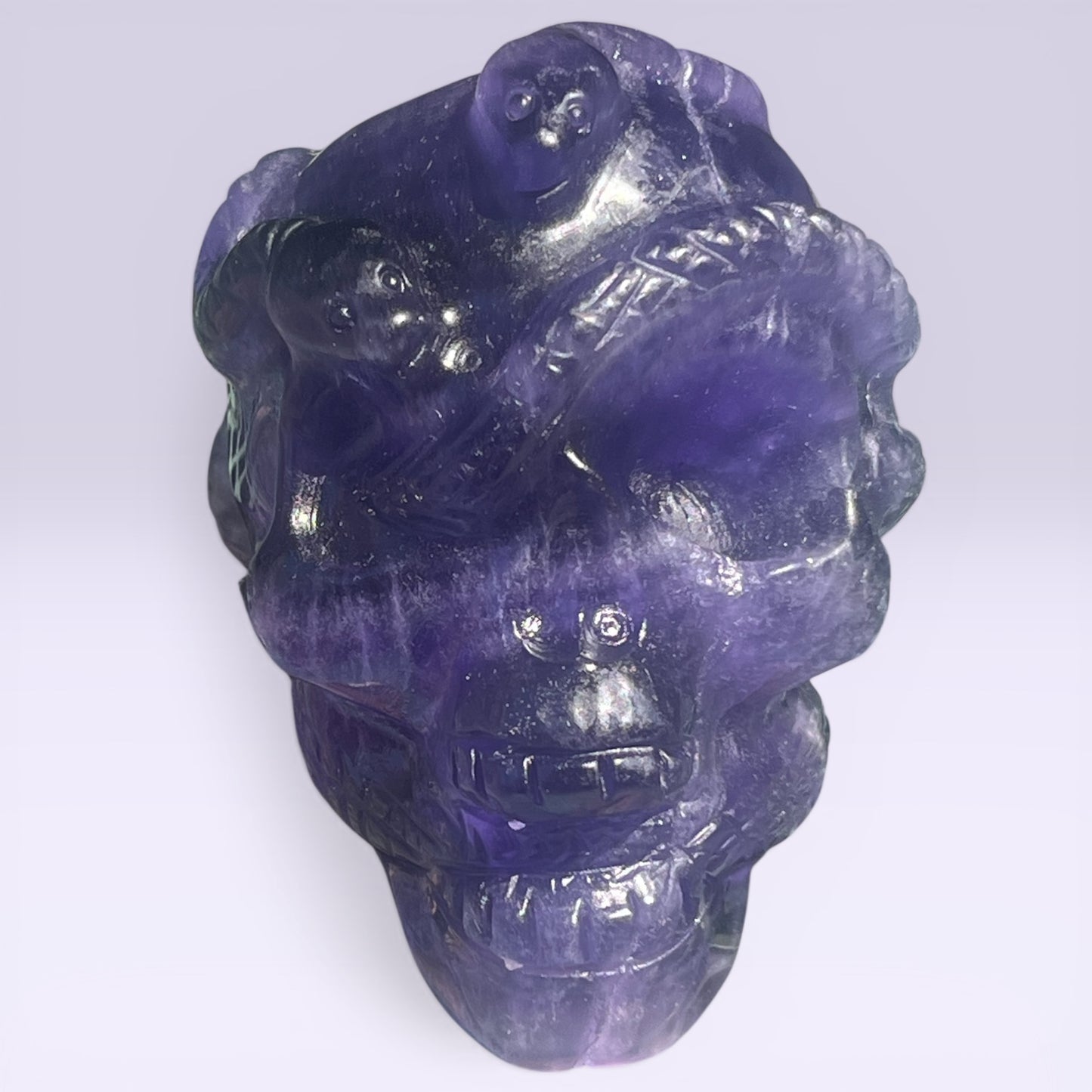 Fluorite Skull with Snakes | Hand-Carved Crystal (4”)