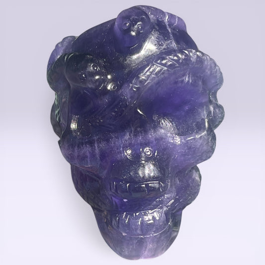 Fluorite Skull with Snakes | Hand-Carved Crystal (4”)