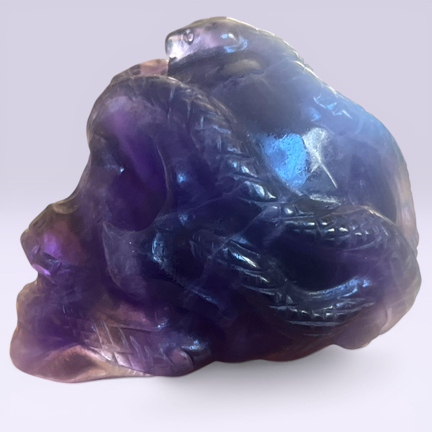 Fluorite Skull with Snakes | Hand-Carved Crystal (4”)