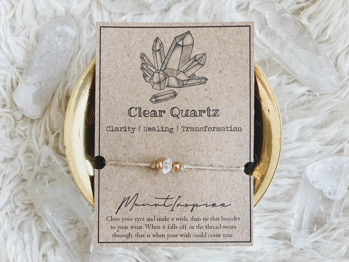 Clear Quartz Crystal Wish Bracelet with Hemp & Gold Beads