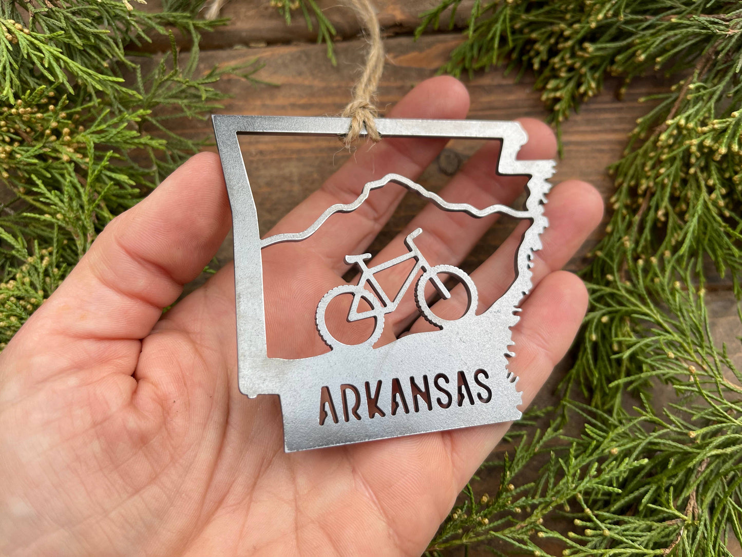 Arkansas State Mountain Bike Ornament made from Raw Steel