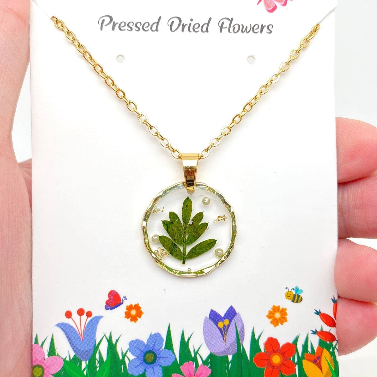 Dried Flowers Floral Irregular Round Pendant Necklace - PDF
