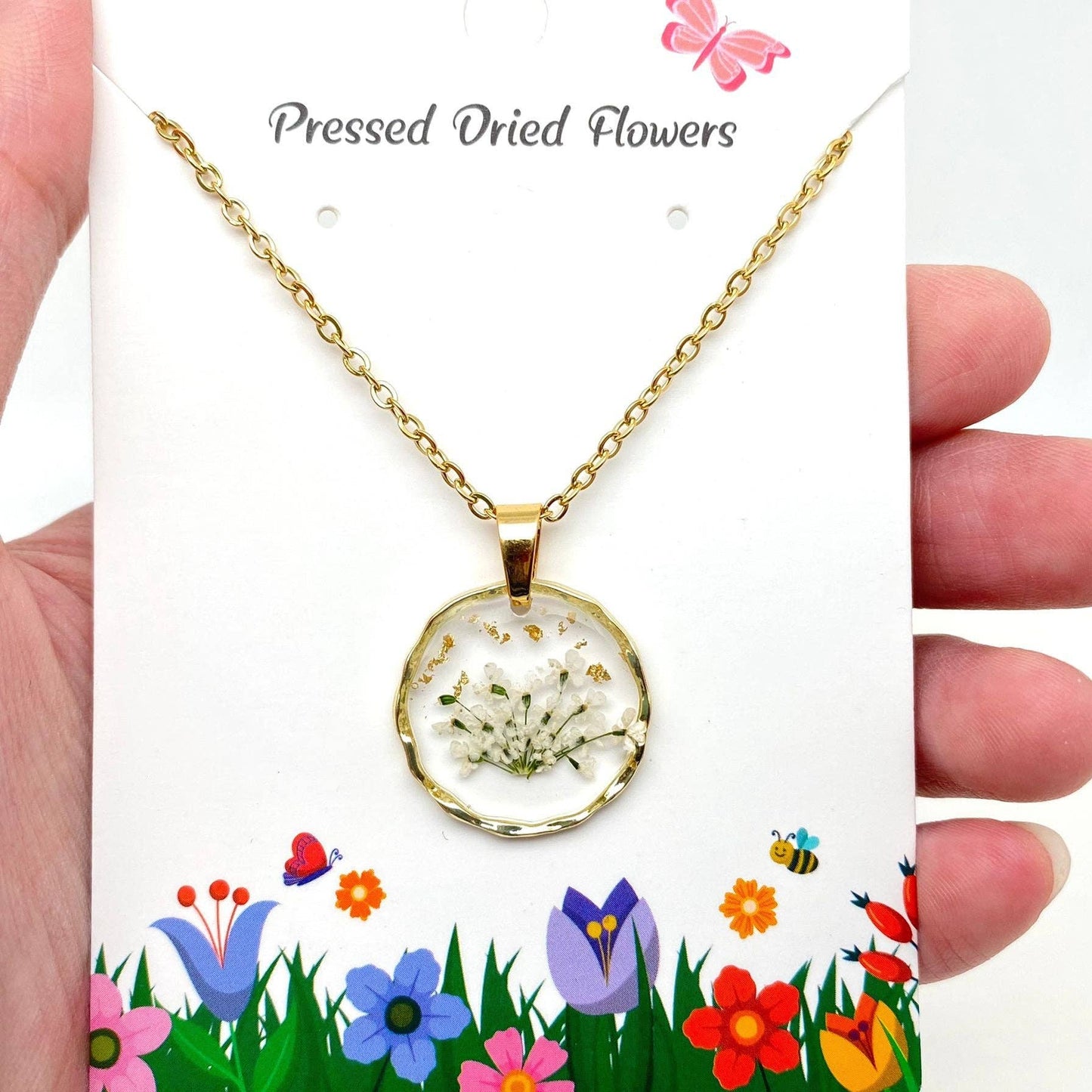 Dried Flowers Floral Irregular Round Pendant Necklace - PDF
