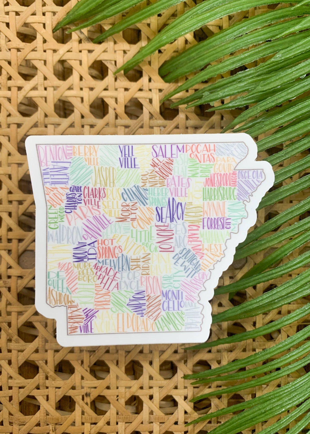 Hand lettered Arkansas Cities, Vinyl Sticker, 3x3 in.