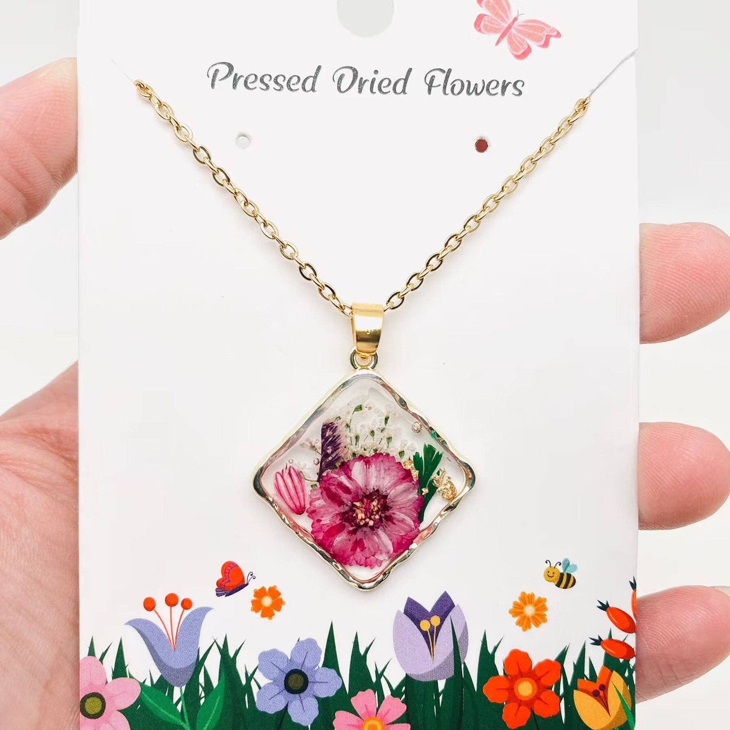 Floral Square Pendant Pressed Dried Flowers Necklace - PDF