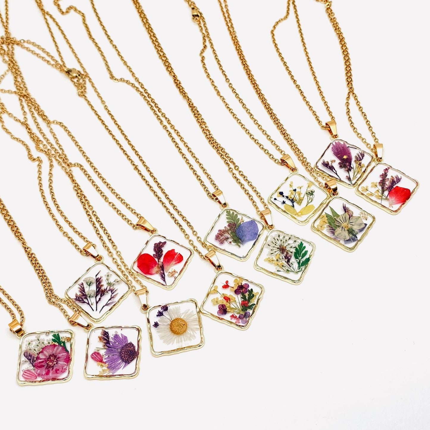 Floral Square Pendant Pressed Dried Flowers Necklace - PDF