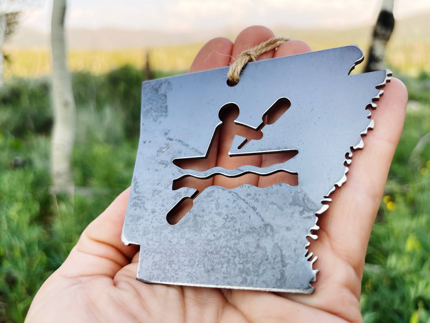 Arkansas State Kayak or Canoe Ornament made from Raw Steel