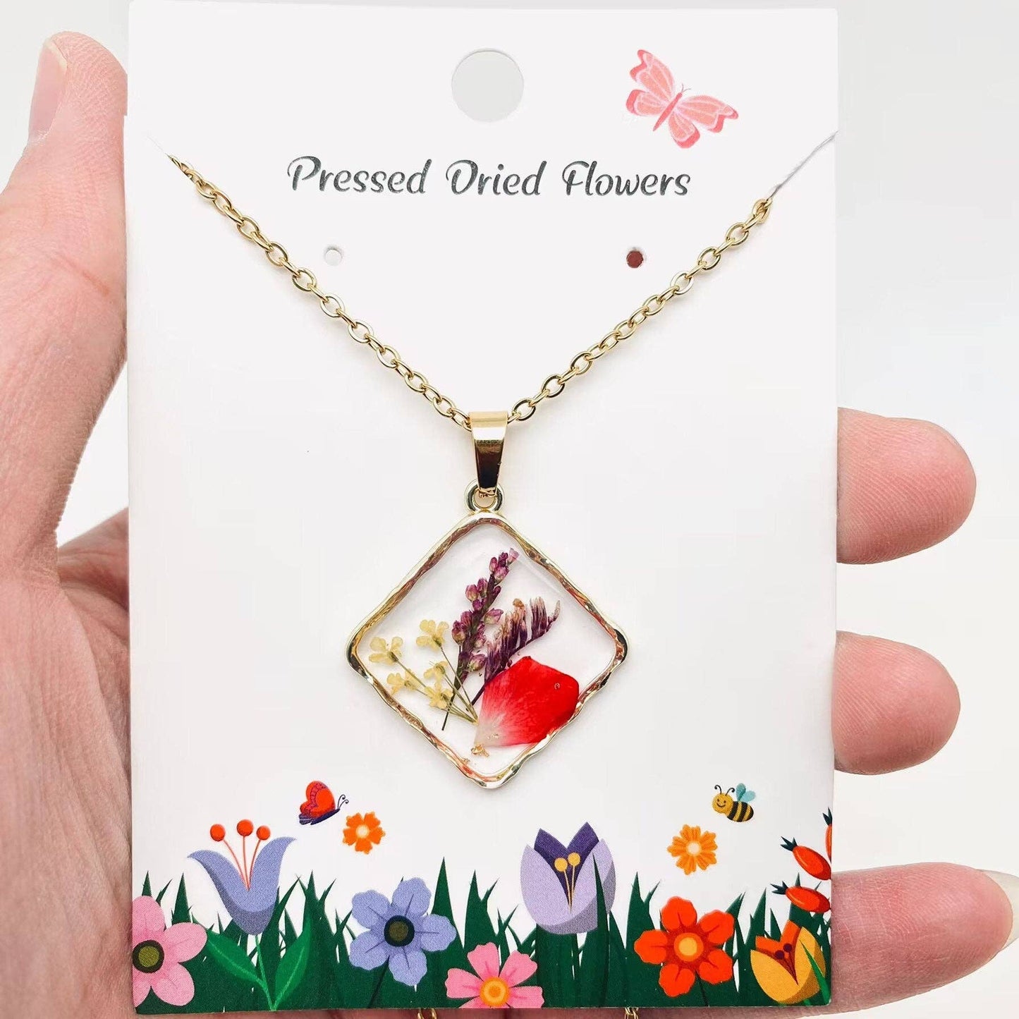 Floral Square Pendant Pressed Dried Flowers Necklace - PDF