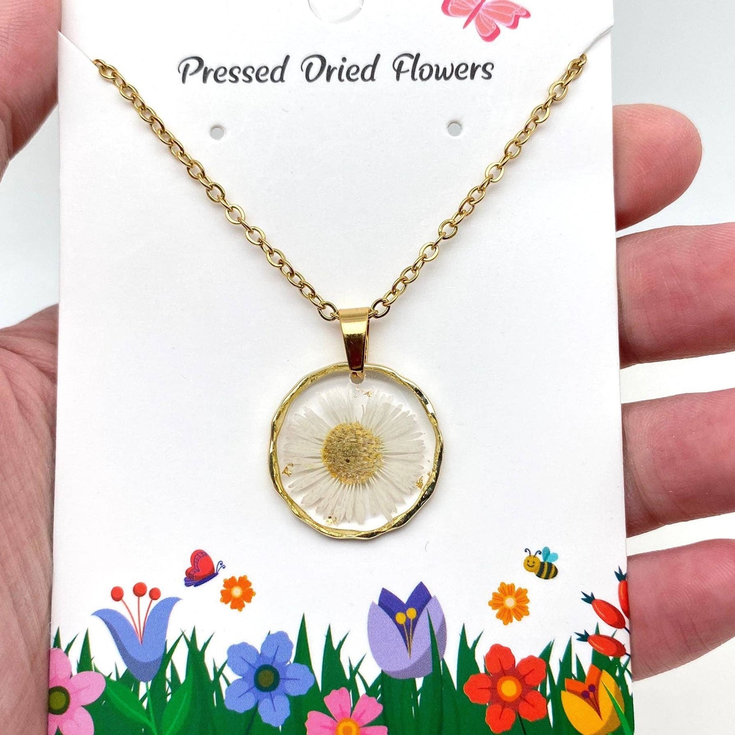Dried Flowers Floral Irregular Round Pendant Necklace - PDF