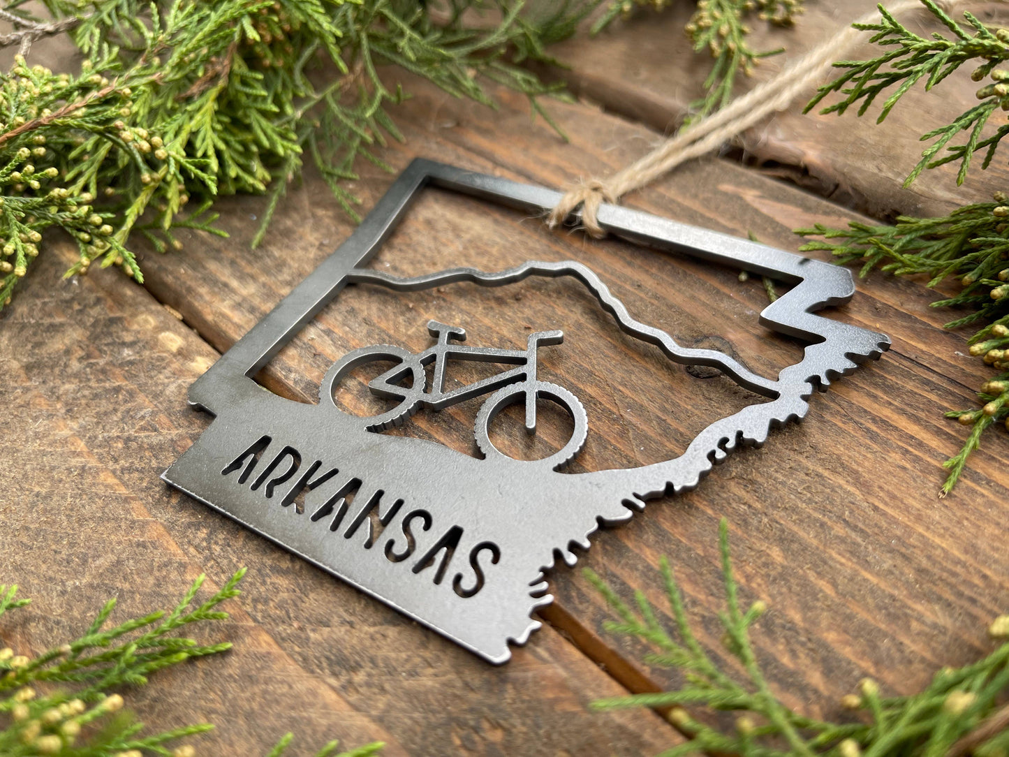 Arkansas State Mountain Bike Ornament made from Raw Steel