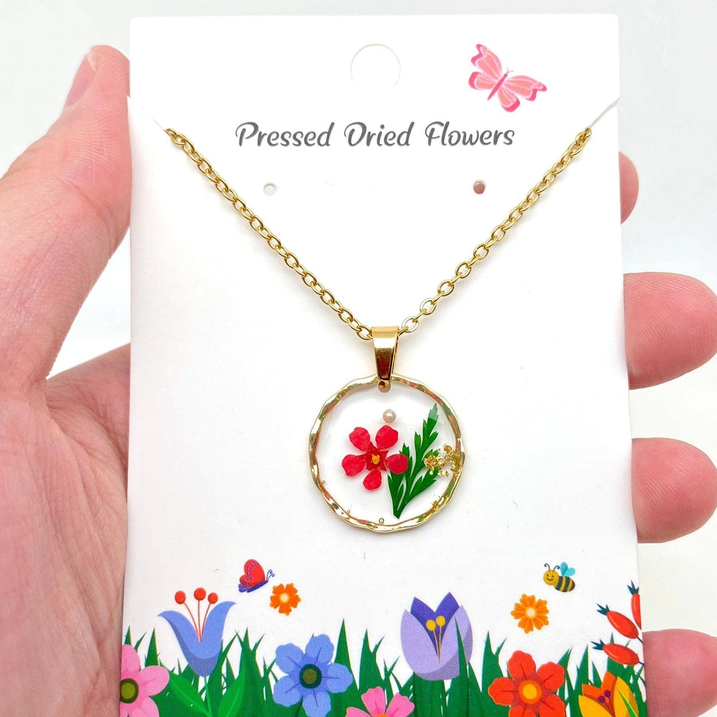Dried Flowers Floral Irregular Round Pendant Necklace - PDF