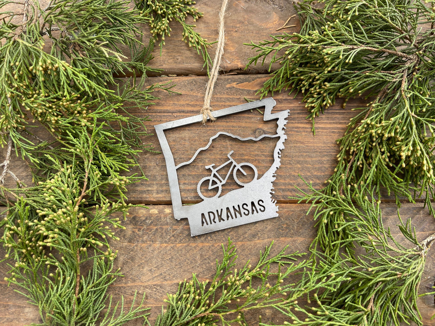 Arkansas State Mountain Bike Ornament made from Raw Steel