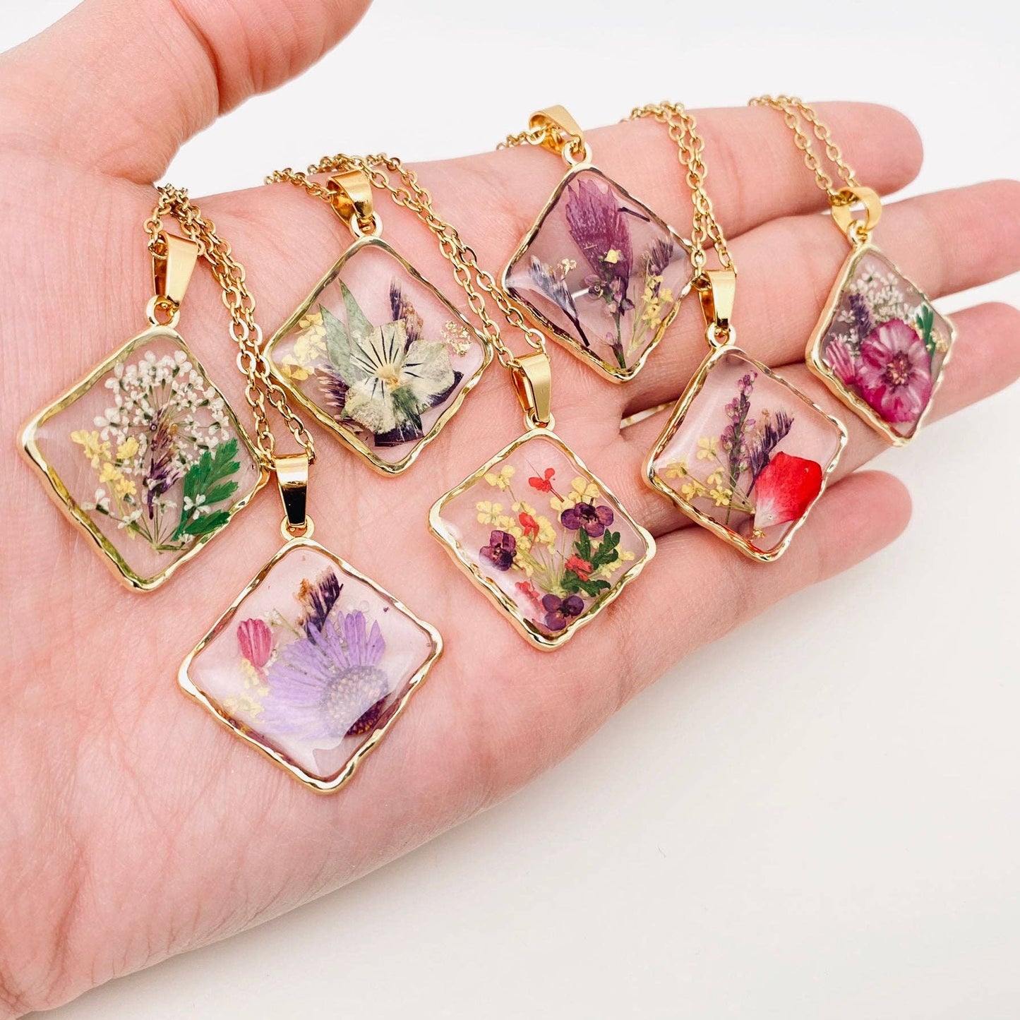 Floral Square Pendant Pressed Dried Flowers Necklace - PDF