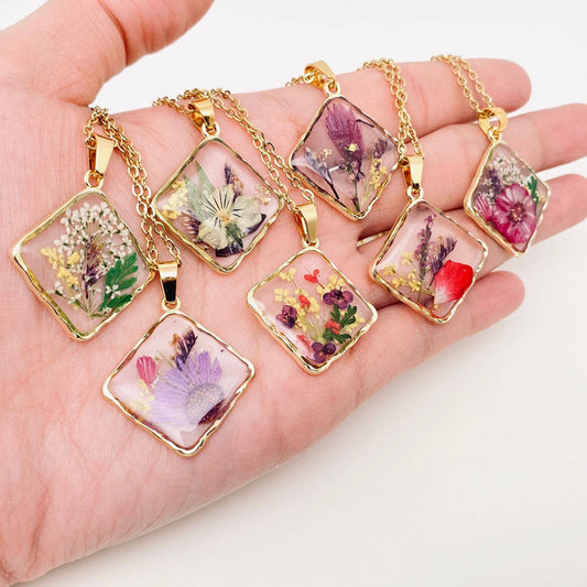 Floral Square Pendant Pressed Dried Flowers Necklace - PDF