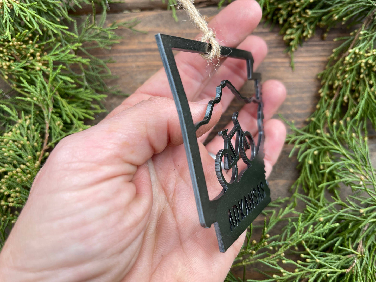 Arkansas State Mountain Bike Ornament made from Raw Steel