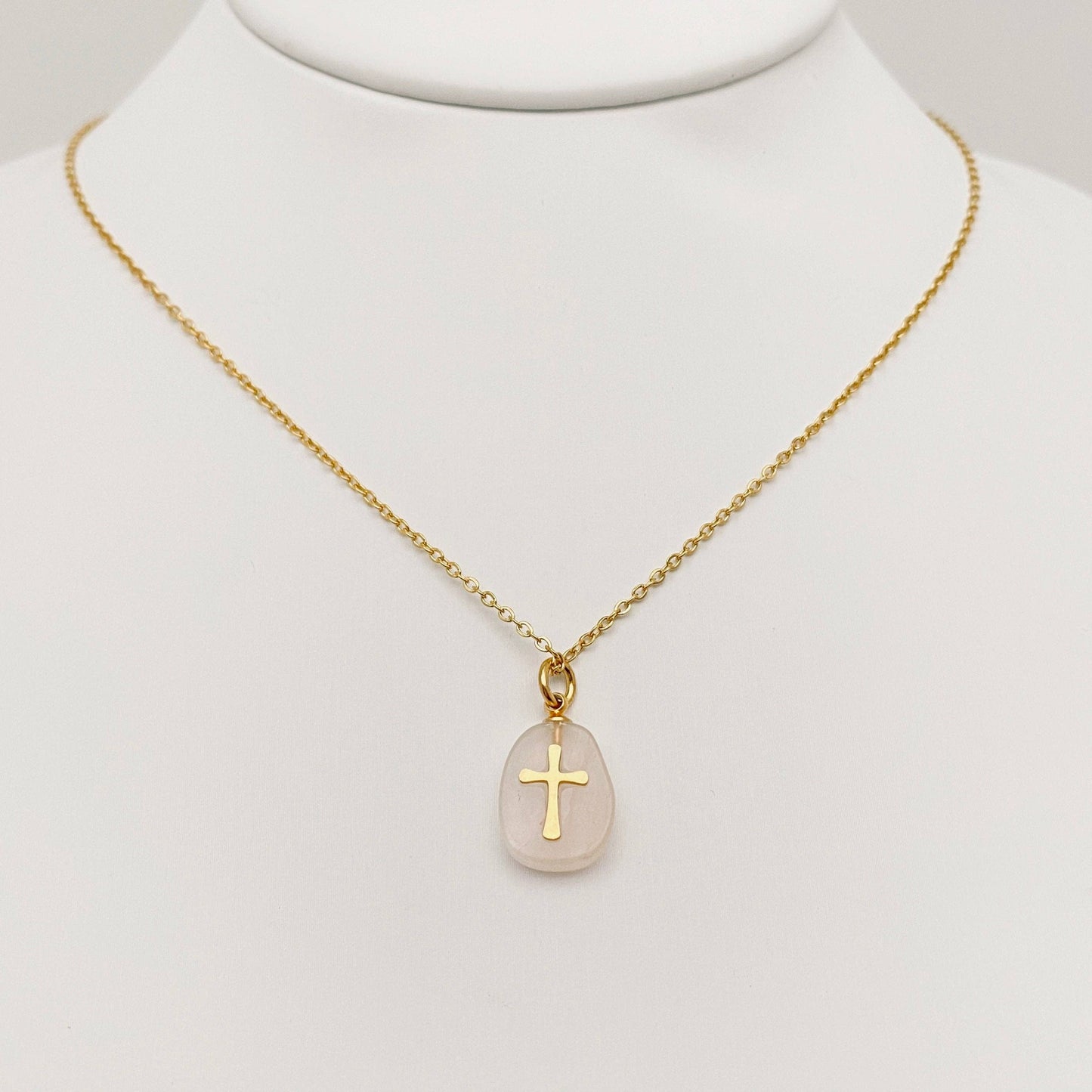 Natural Stone Stainless Steel Cross Pendant Necklace - CS